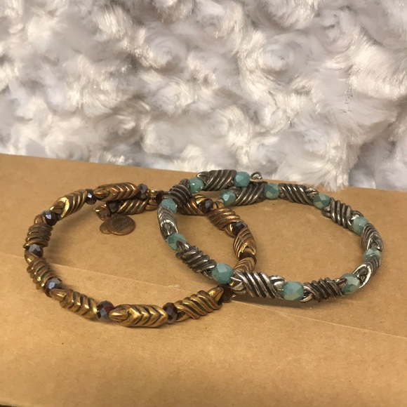Woven metal Artesian bracelets BOHO with glass stones beautiful metal set of 2 - Picture 2 of 15